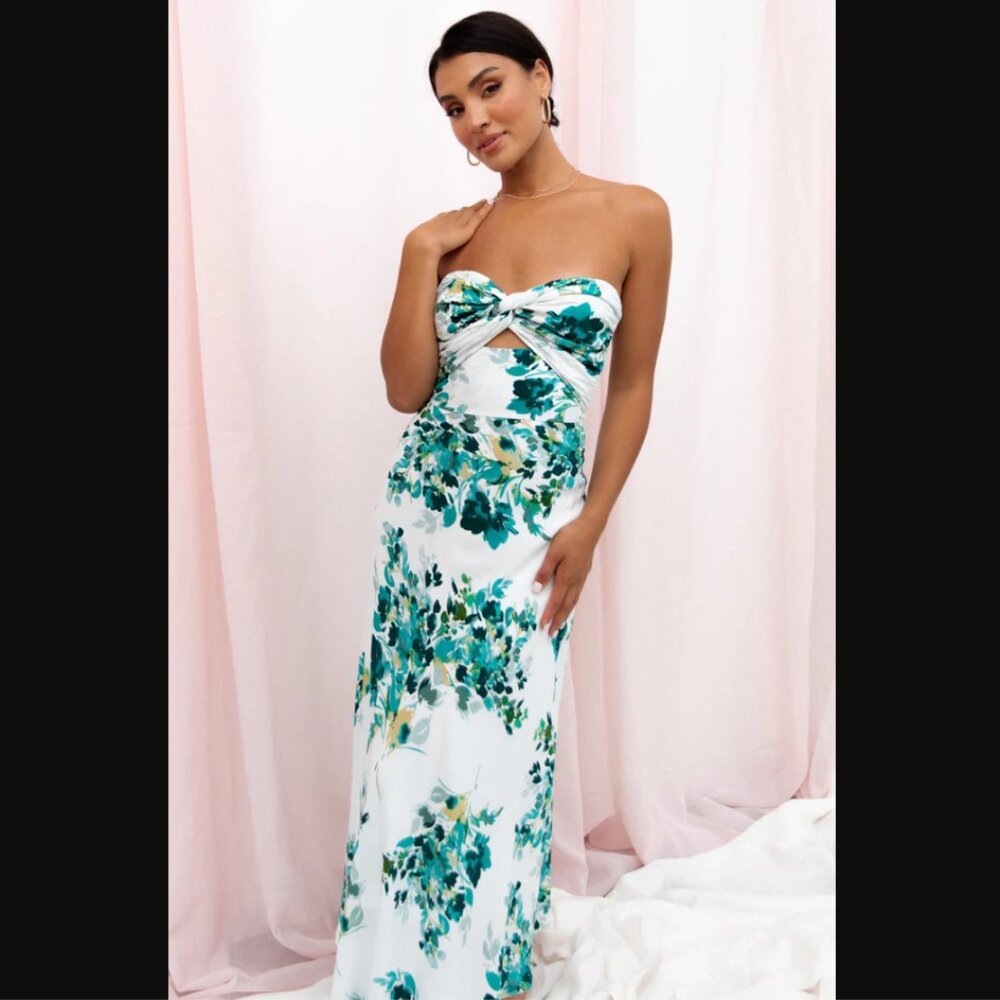 Petal & Pup White Strapless Floral Maxi Dress with Teal & Green Print